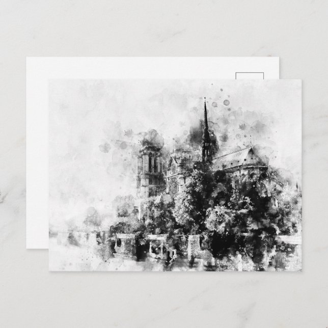 Schwarz-Weiß-Illustration Notre-Dame-Kathedrale Postkarte (Vorne/Hinten)
