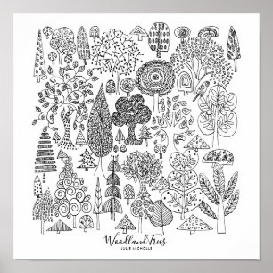 Schwarz-Weiß-Illustration von Waldbaumen Poster