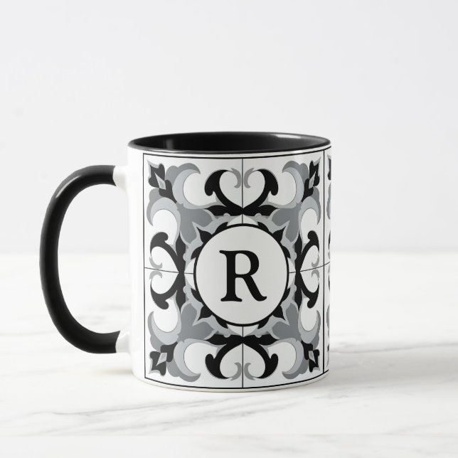 Schwarz-weiß im spanischen Stil mit Initialen  Tasse (Links)