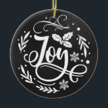 Schwarz-Weiß-Imitat Chalkboard Joy Letting Keramik Ornament<br><div class="desc">Im Hintergrund befindet sich eine Imitat-Chat-Grafik. Das Bild zeigt das Wort Joy mit dekorativen Buchstaben und Grafiken. Ein schwarz-weißer Weihnachtsschmuck. Fügen Sie der Rückseite ein Foto hinzu.</div>