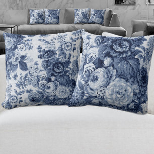 Schwarz Weiß Indigo Blau Ton Vintage Blumen Toile Kissen
