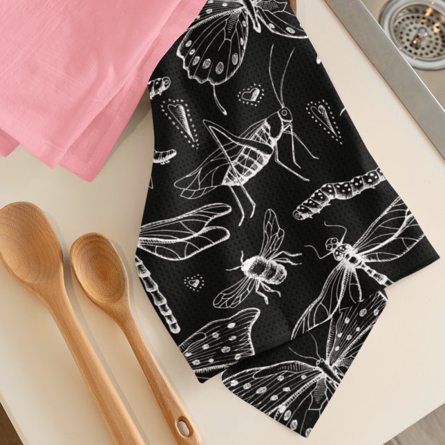 Schwarz-Weiß-Insekten-Liebe Geschirrtuch (Black and White "Love Bug" Insects Kitchen Towel. Hand-drawn Butterflies, Bees, Dragonflies, & More!)