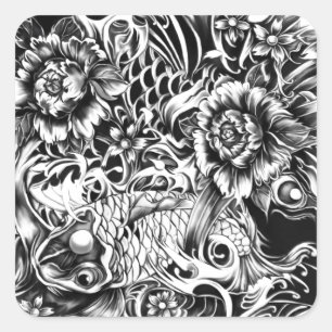 Schwarz-Weiß japanische Koi Tattoo-Kunst. Quadratischer Aufkleber