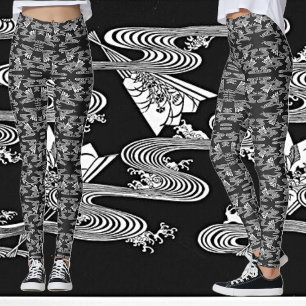 Schwarz-Weiß-"japanisches Muster der Lüfter" Leggings
