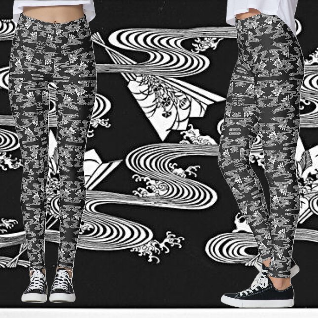 Schwarz-Weiß-"japanisches Muster der Lüfter" Leggings (Von Creator hochgeladen)