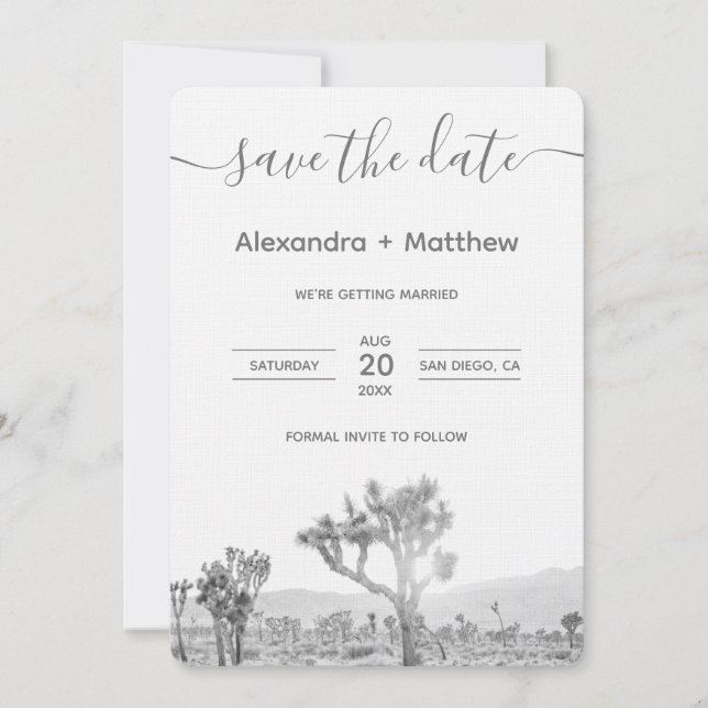 Schwarz-Weiß-Joshua-Tree-Hochzeit Speichern Sie da Save The Date (Vorderseite)