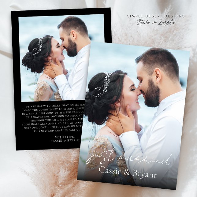Schwarz-Weiß Just Married Elegantes Hochzeitsfest  Ankündigung (Modern Elegant Script Black and White 2 Photo Wedding Announcement with Just Married Message)