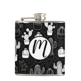 Schwarz-Weiß-Kaktus Doodle-Muster Flachmann