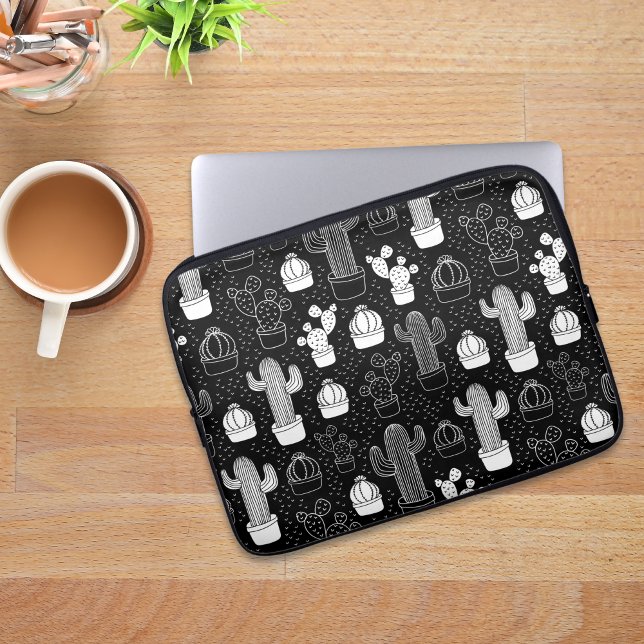 Schwarz-Weiß-Kaktus Doodle-Muster Laptopschutzhülle (Cactus pattern laptop sleeve)
