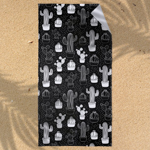 Schwarz-Weiß-Kaktus Doodle-Muster Strandtuch