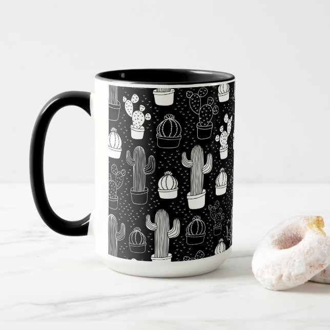 Schwarz-Weiß-Kaktus Doodle-Muster Tasse (Mit Donut)