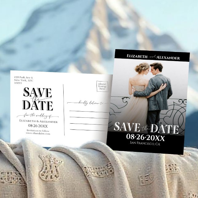 Schwarz-Weiß-Kalligrafie-Foto Save the Date Postkarte (Von Creator hochgeladen)