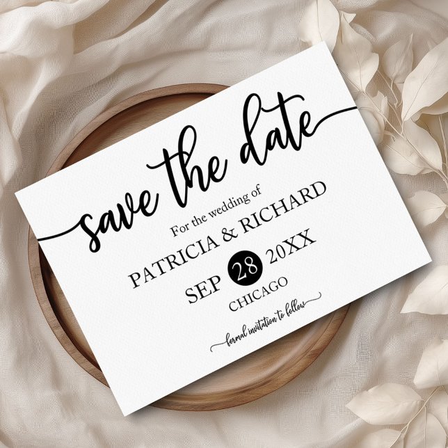 Schwarz-Weiß-Kalligrafie-Hochzeit rettet das Datum Postkarte (Von Creator hochgeladen)