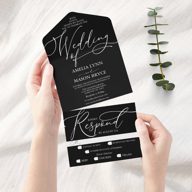 Schwarz-Weiß-Kalligrafie-Skript Hochzeit All In One Einladung (Black with White Calligraphy Script All in One Wedding Invitation)