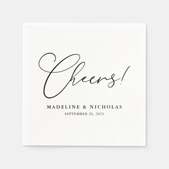 Schwarz-Weiß-Kalligraphie-Cheers! Moderne Hochzeit Serviette (Vorderseite)
