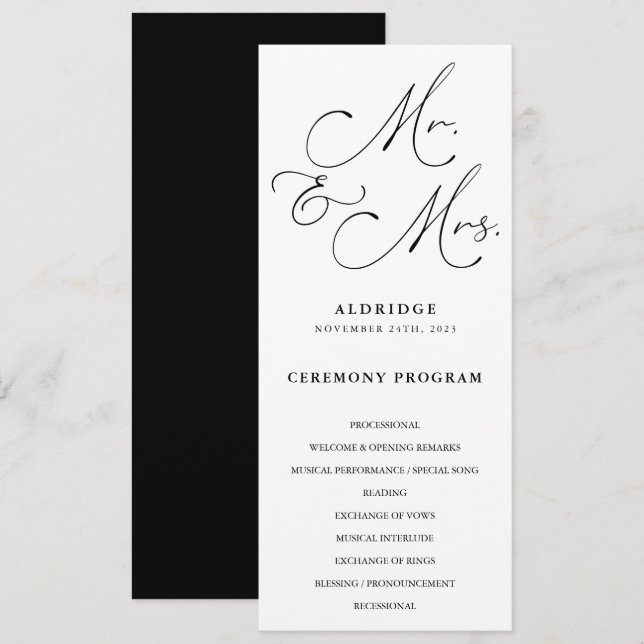 Schwarz-Weiß-Kalligraphie Mr. und Mrs. Wedding Programm (Vorne/Hinten)