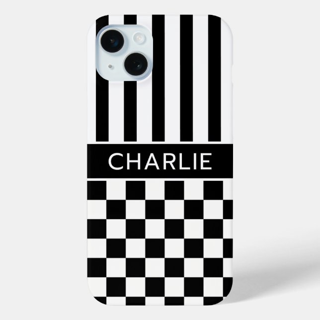 Schwarz-Weiß kariert gestreift personalisiert Case-Mate iPhone Hülle (Rückseite)