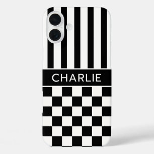 Schwarz-Weiß kariert gestreift personalisiert iPhone 16 Plus Hülle