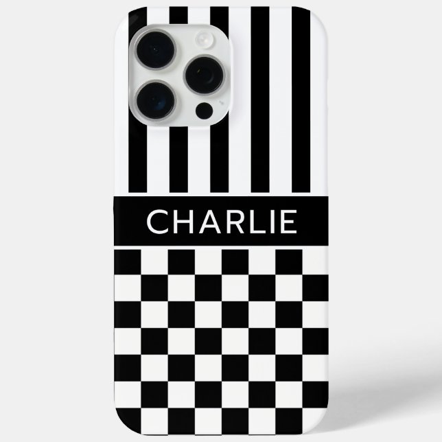 Schwarz-Weiß kariert gestreift personalisiert Case-Mate iPhone Hülle (Rückseite)