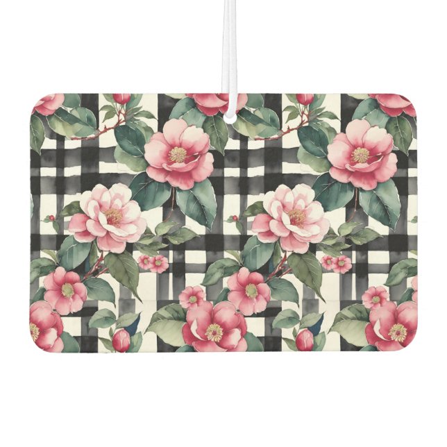 Schwarz-Weiß-Kariert mit grün-rosa Kamelien Autolufterfrischer (Vorderseite)