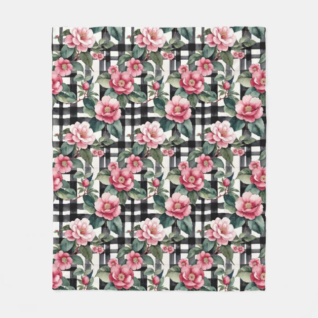 Schwarz-Weiß-Kariert mit grün-rosa Kamelien Fleecedecke (Vorderseite)