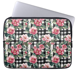 Schwarz-Weiß-Kariert mit grün-rosa Kamelien Laptopschutzhülle