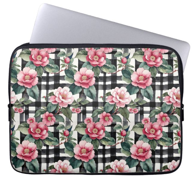 Schwarz-Weiß-Kariert mit grün-rosa Kamelien Laptopschutzhülle (Vorderseite)