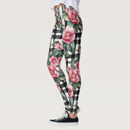 Schwarz-Weiß-Kariert mit grün-rosa Kamelien Leggings