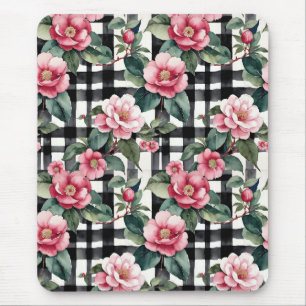 Schwarz-Weiß-Kariert mit grün-rosa Kamelien Mousepad