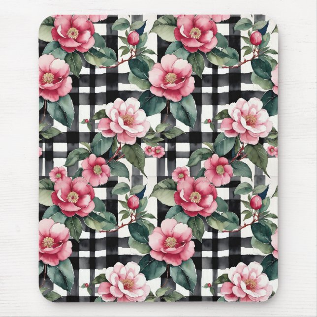 Schwarz-Weiß-Kariert mit grün-rosa Kamelien Mousepad (Vorne)