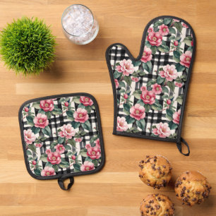 Schwarz-Weiß-Kariert mit grün-rosa Kamelien Ofenhandschuh & Topflappen-Set
