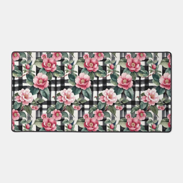 Schwarz-Weiß-Kariert mit grün-rosa Kamelien Schreibtischunterlage (Vorderseite)