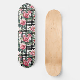 Schwarz-Weiß-Kariert mit grün-rosa Kamelien Skateboard