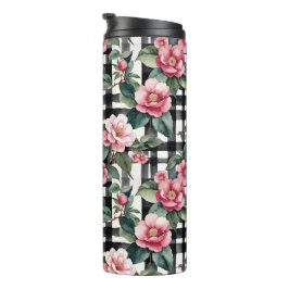 Schwarz-Weiß-Kariert mit grün-rosa Kamelien Thermosbecher