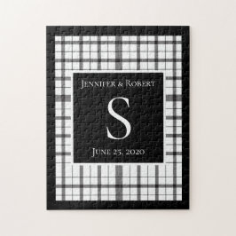 Schwarz-Weiß-Kariert-Monogramm-Hochzeit Puzzle