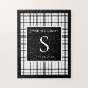 Schwarz-Weiß-Kariert-Monogramm-Hochzeit Puzzle