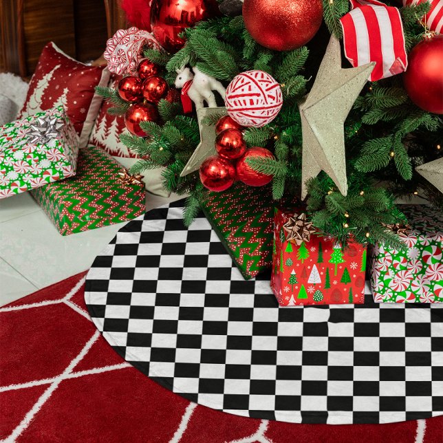 Schwarz-Weiß kariert Polyester Weihnachtsbaumdecke (Black and White Checkered Brushed Polyester Tree Skirt)