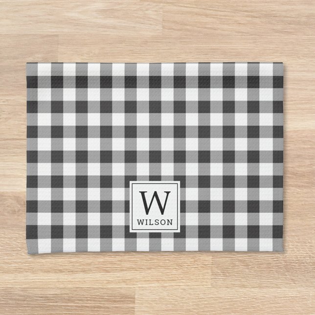 Schwarz-weiß karierter Büffel-Check-Monogramm-Weih Geschirrtuch (Von Creator hochgeladen)
