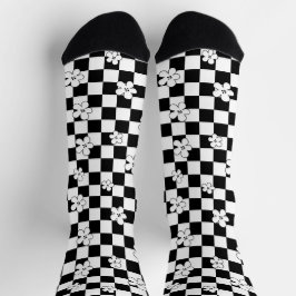 Schwarz-weiß kariertes Blumenmuster Socken