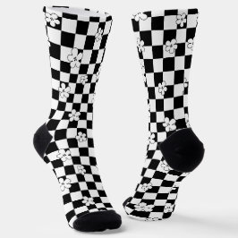 Schwarz-weiß kariertes Blumenmuster Socken