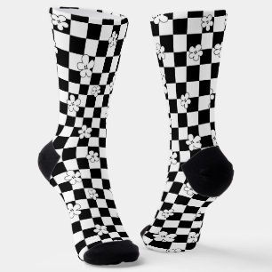 Schwarz-weiß kariertes Blumenmuster Socken