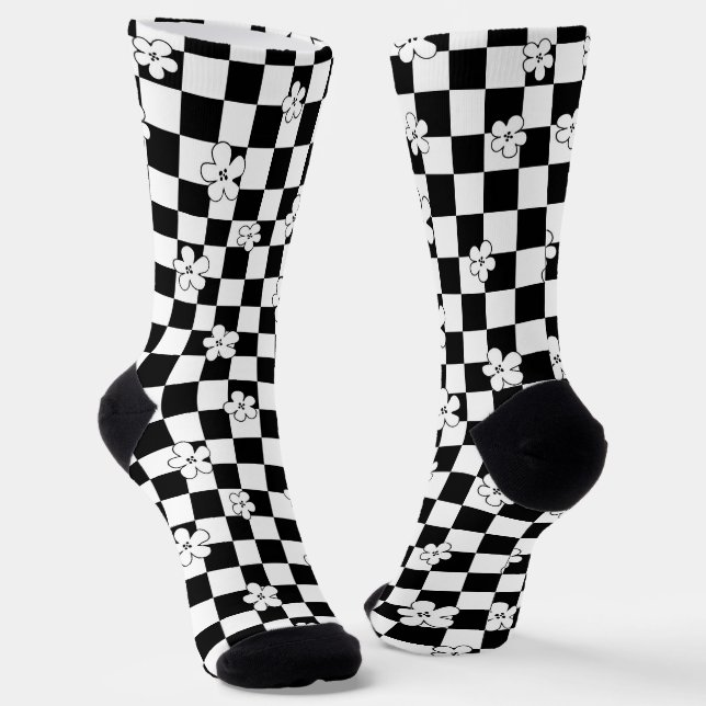 Schwarz-weiß kariertes Blumenmuster Socken (Gewinkelt)