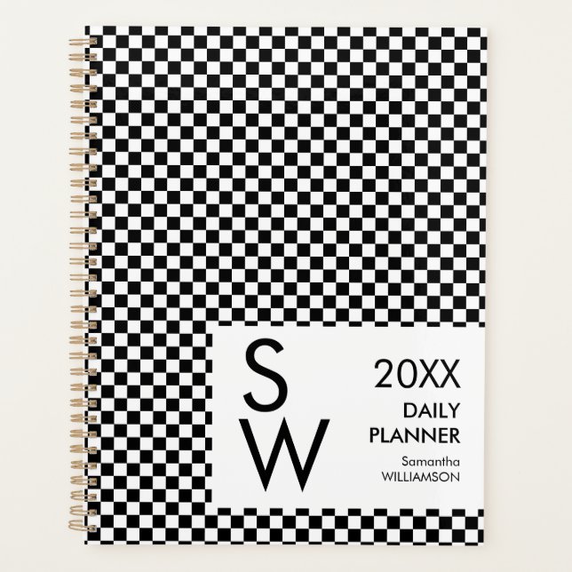 Schwarz-Weiß kariertes personalisiertes Monogramm Planer (Vorderseite)