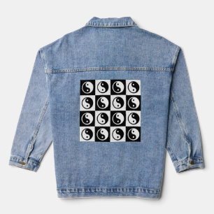 Schwarz-weiß kariertes Yin-Yang-Zen-Blockdruck-Mus Jeansjacke