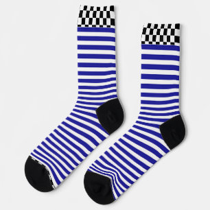 Schwarz + Weiß Karo Blauer Streifen Socken