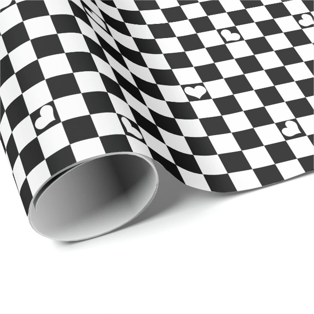 Schwarz-Weiß-Karo mit Herzdetails Geschenkpapier (Rolleneckpunkt)
