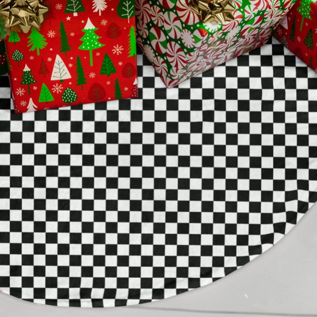 Schwarz-Weiß-Karo Polyester Weihnachtsbaumdecke (Black and White Check Brushed Polyester Tree Skirt)