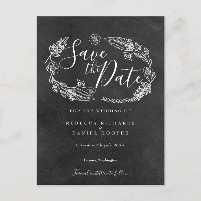 Schwarz-Weiß-Karton mit Blumenmuster Save the Date Postkarte (Vorderseite)