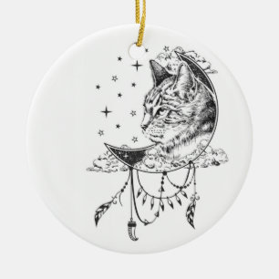 Schwarz-Weiß-Katz-Mond-Fenster-Sonnenfänger Keramik Ornament