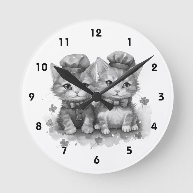 Schwarz-Weiß-Kätzchen mit Bogen-Krawatte und niedl Runde Wanduhr (Vorderseite)